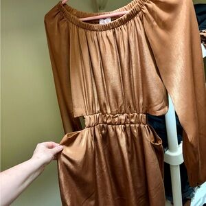 Satin Copper Brown Elastic Waist Long Sleeve Dress